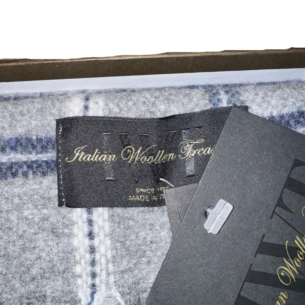 NWT Linea Emmeti MT Cashmere+Wool Gray Plaid Stripe w/Fringe Made Italy Gift Box